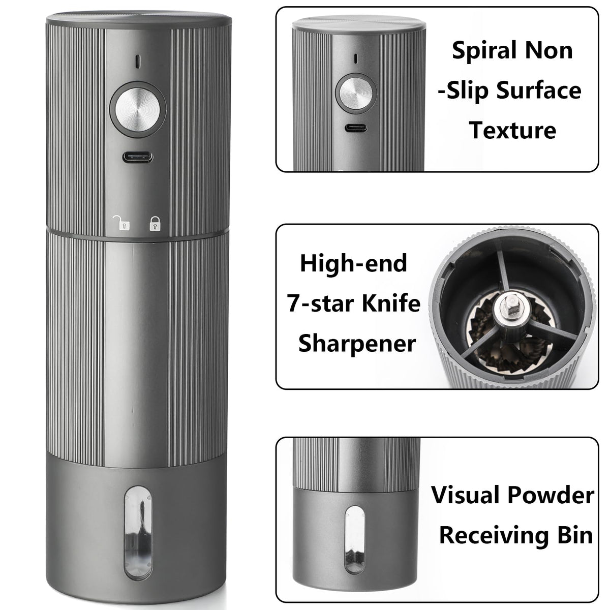 Portable Electric Burr Coffee Grinder, Stainless Steel Burrs, Grey O2342