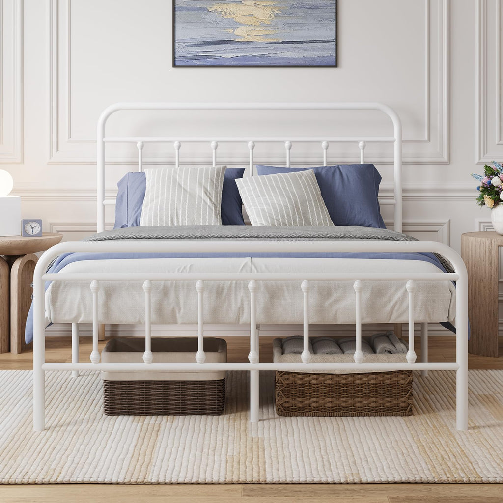 Full Size White Metal Platform Bed Frame with Headboard J7729
