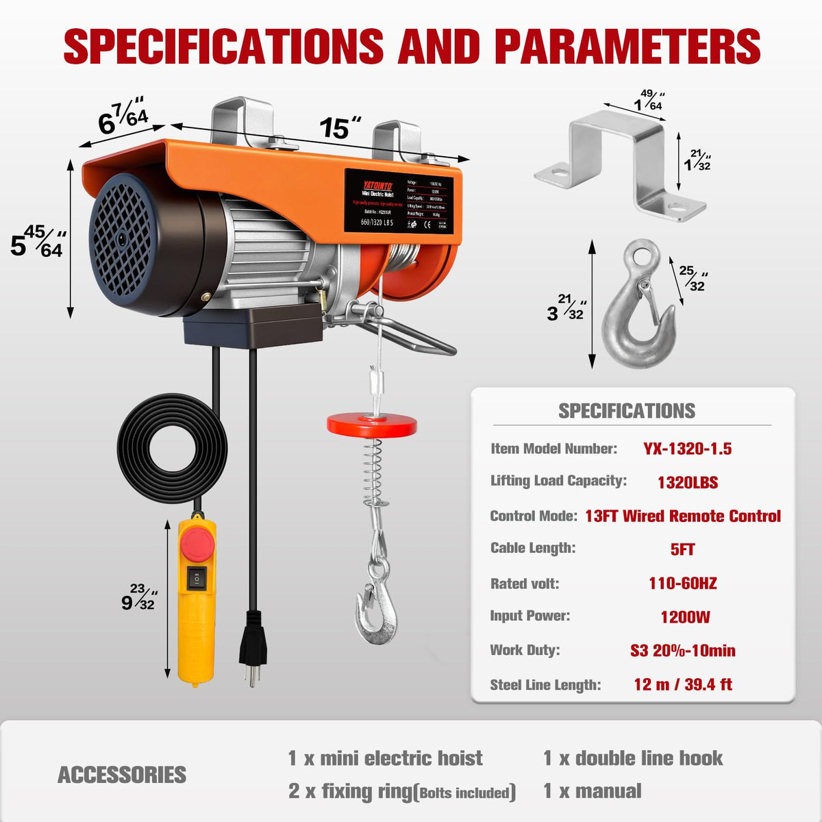 1320Lbs Electric Hoist with 13ft Remote Control F800687