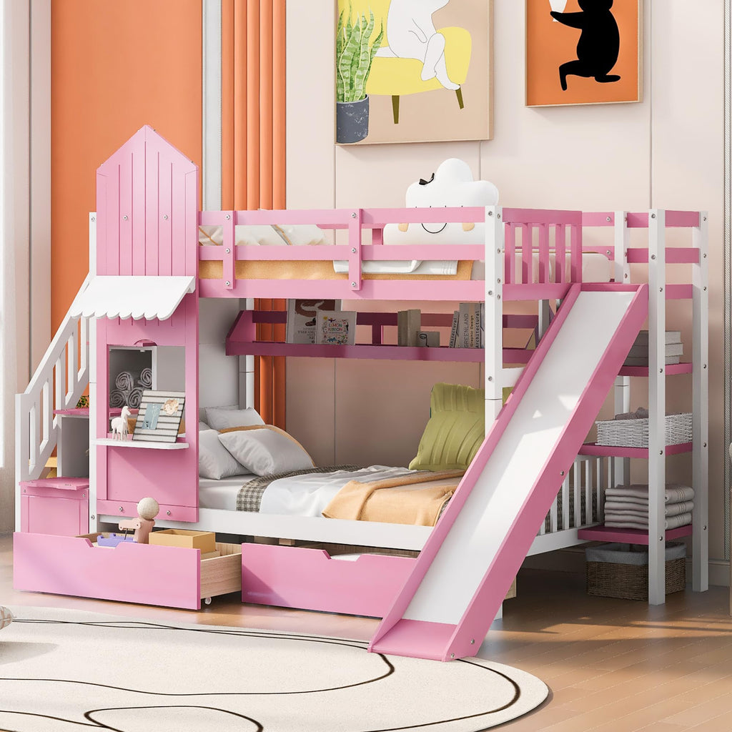 Twin Over Twin Bunk Bed with Slide, 2 Drawers & 3 Shelves N585