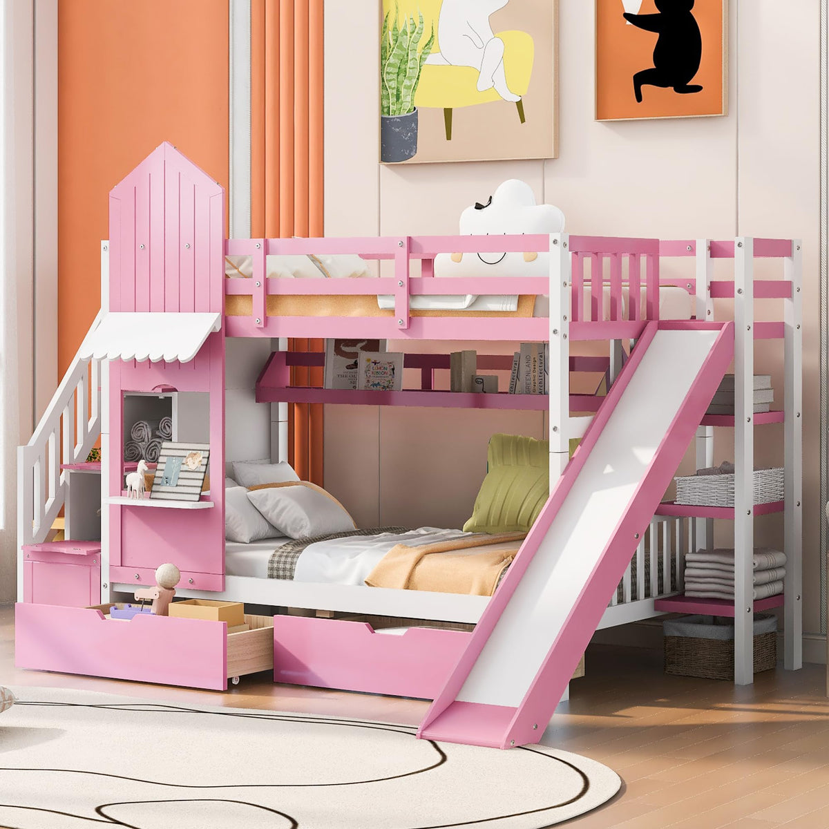 Twin Over Twin Bunk Bed with Slide, 2 Drawers & 3 Shelves N585