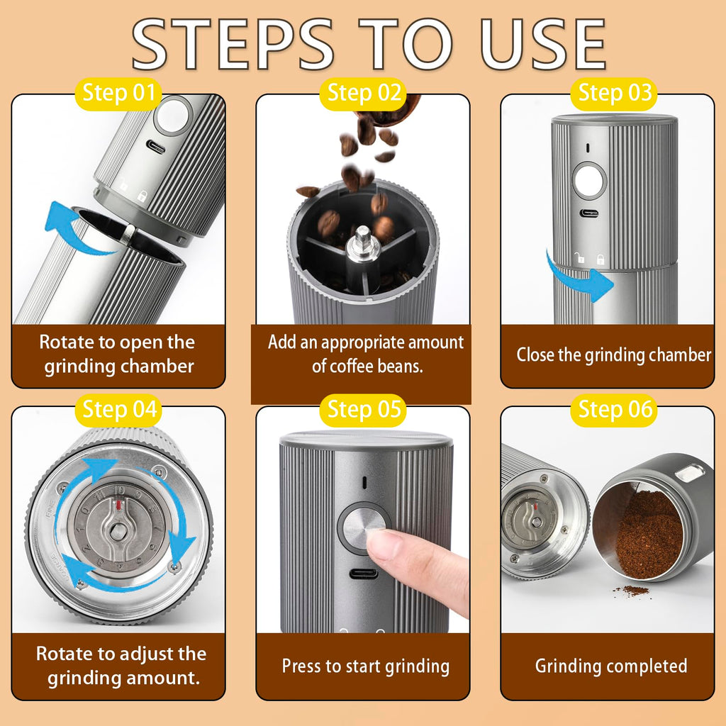 Portable Electric Burr Coffee Grinder, Stainless Steel Burrs, Grey O2342