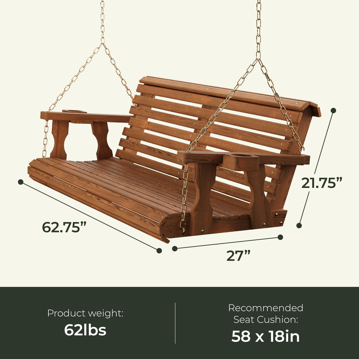 Heavy Duty 700 Lb Capacity Porch Swing with Cup Holders T684