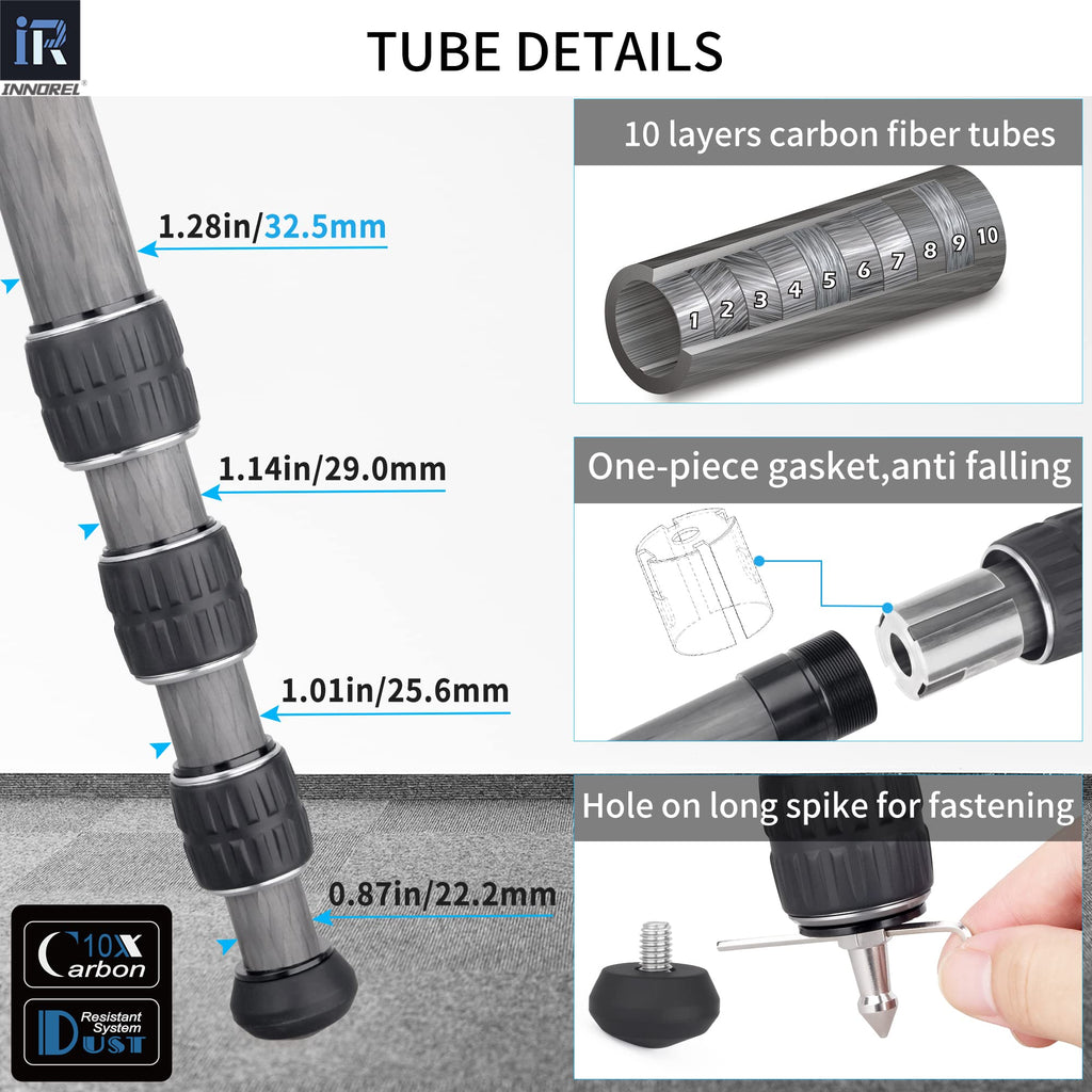 Carbon Fiber Tripod Without Head Portable Compact Travel Tripod 55lbs Max Load X281589