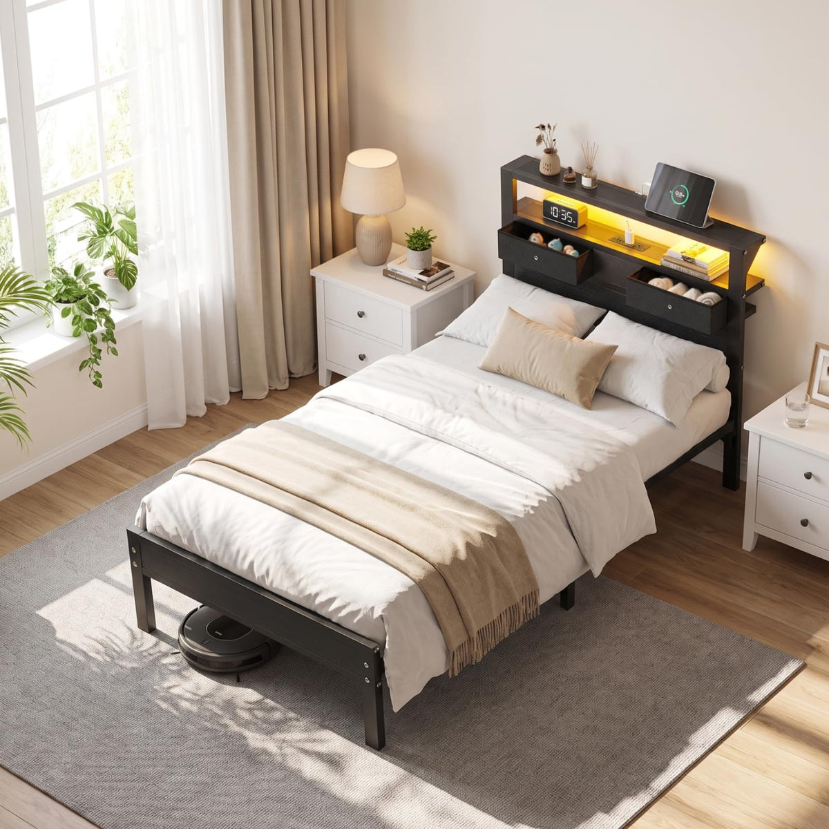 Twin Size Bed Frame with Storage Headboard and 2 Drawers N40602