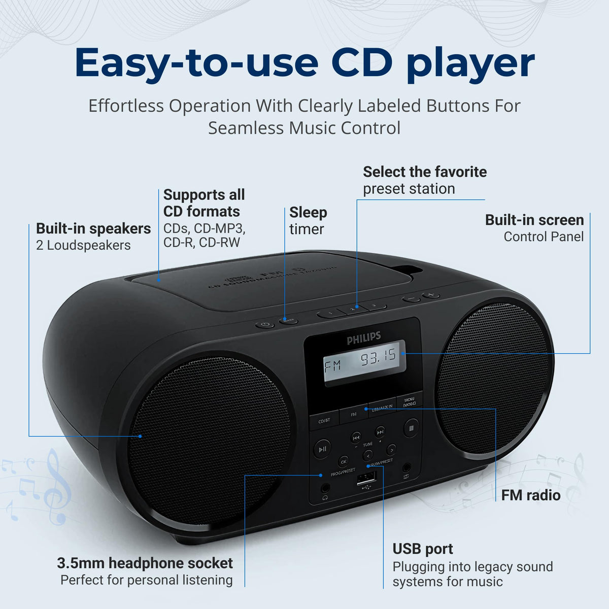 Portable CD Player Boombox with Bluetooth FM Radio USB Aux Input C82156