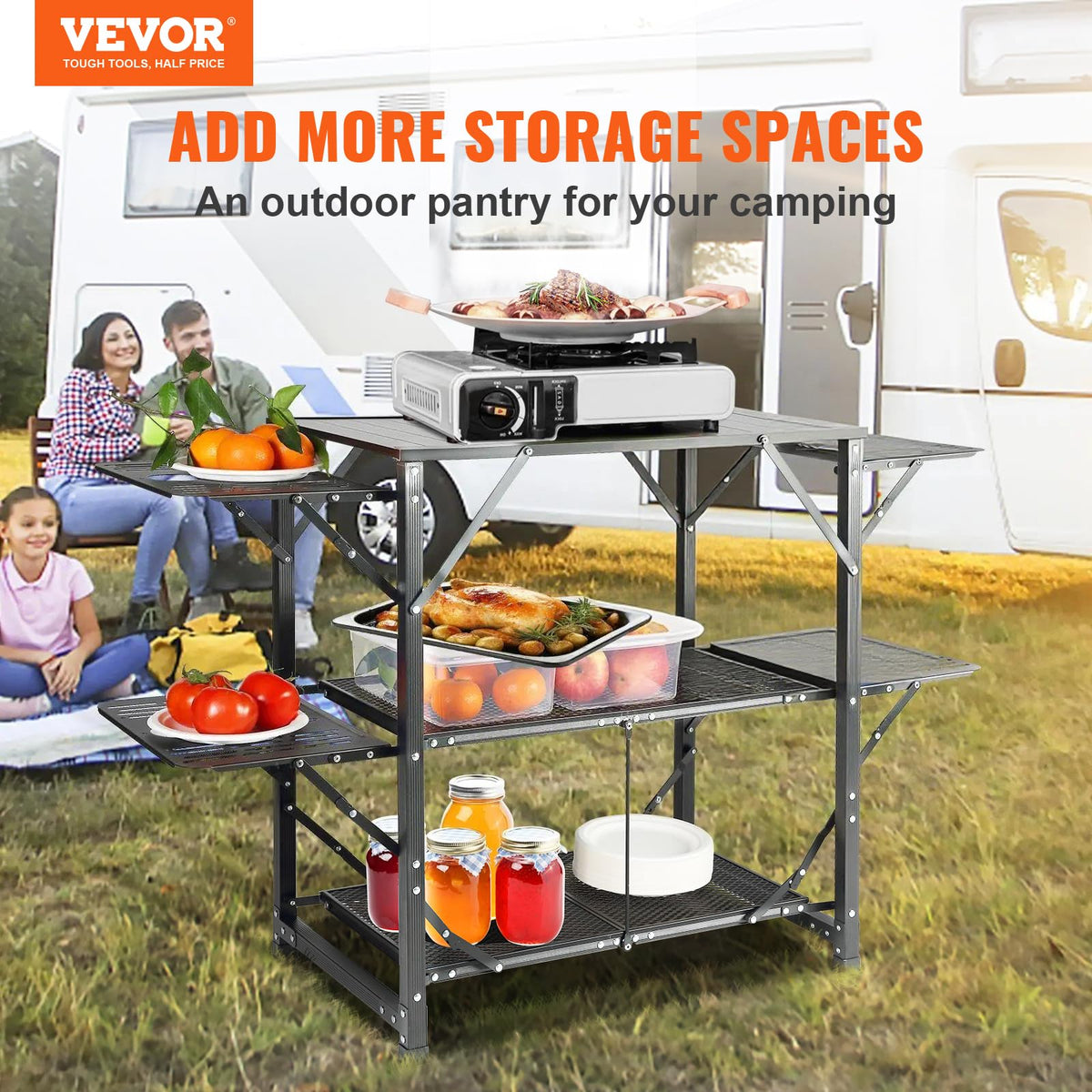 Aluminum Folding Camping Kitchen Table with 2 Shelves X5627