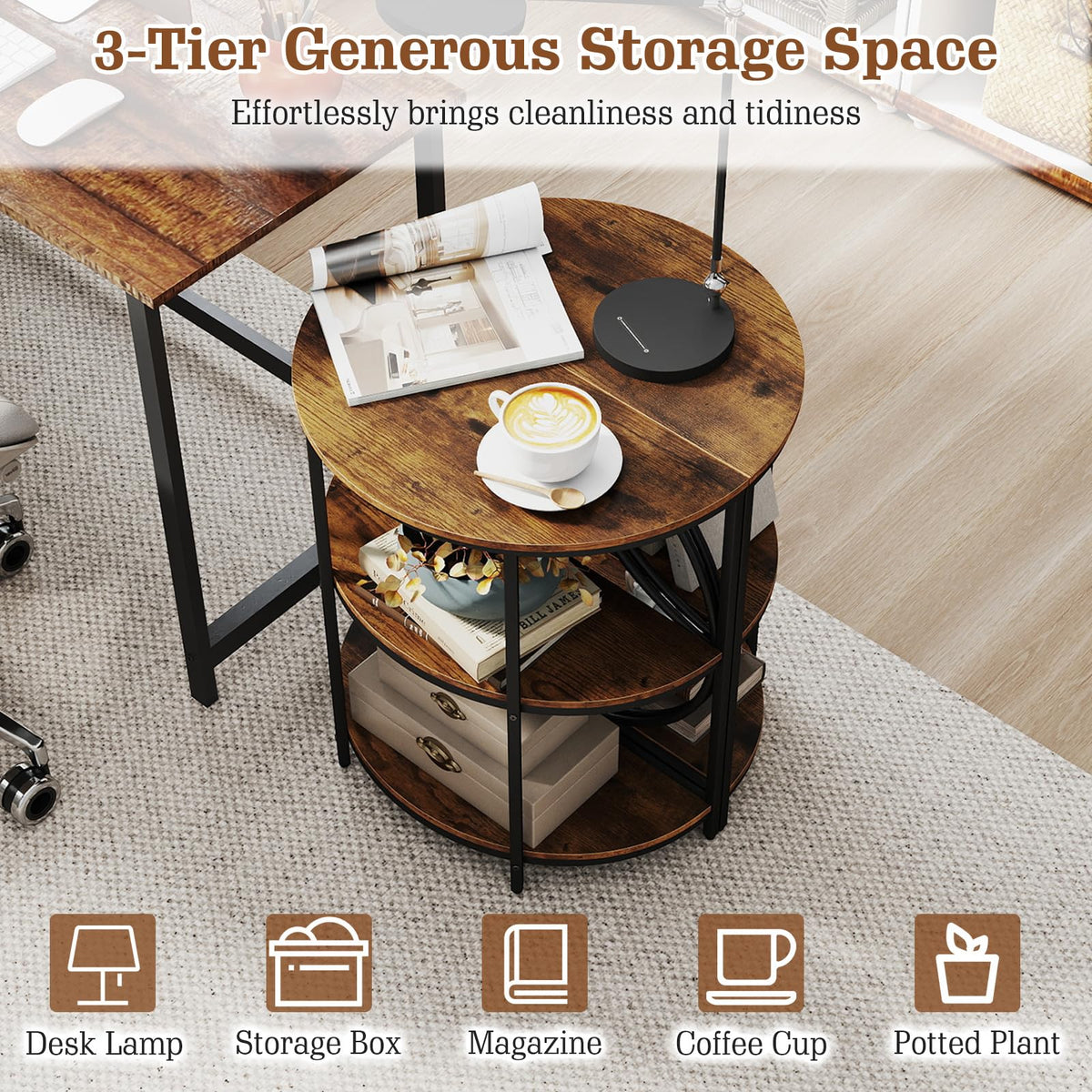 Half Round 3-Tier Sofa Side Table with Storage Shelves I92942