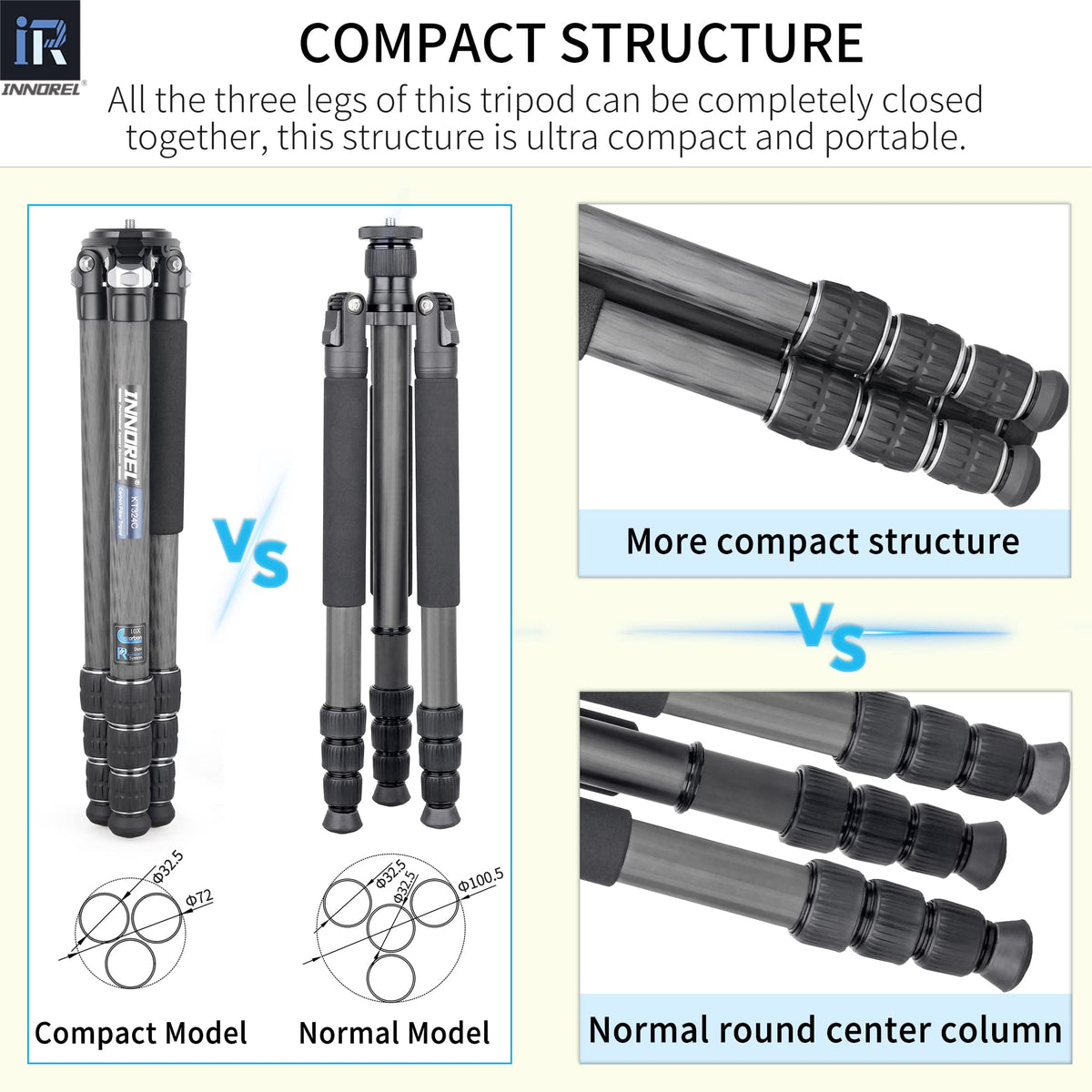 Carbon Fiber Tripod Without Head Portable Compact Travel Tripod 55lbs Max Load X281589
