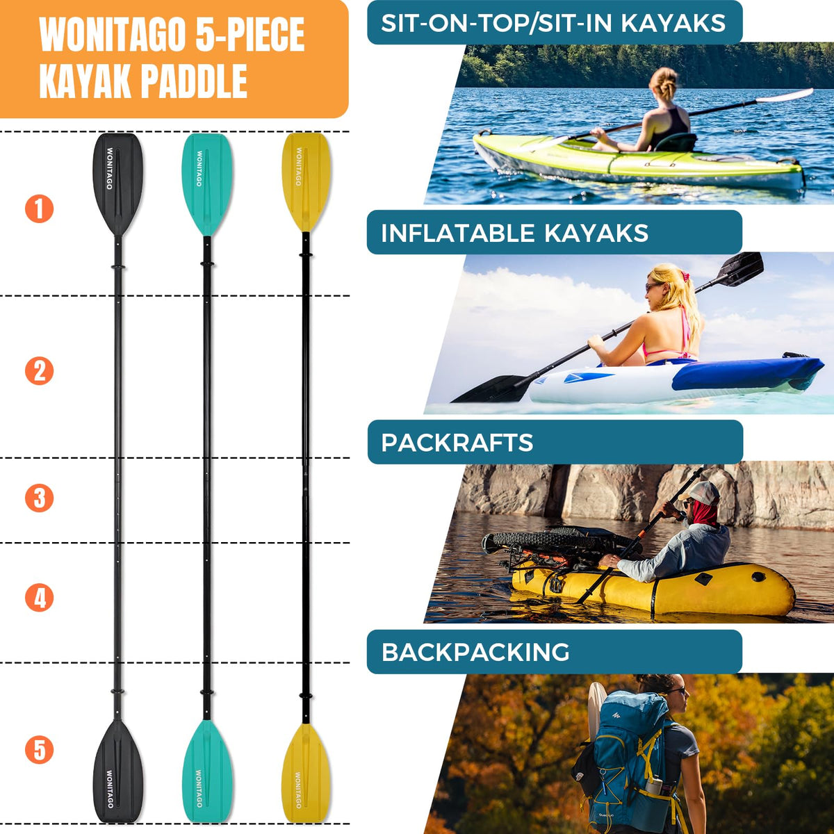 Adjustable Portable 5-Piece Kayak Paddle X8233