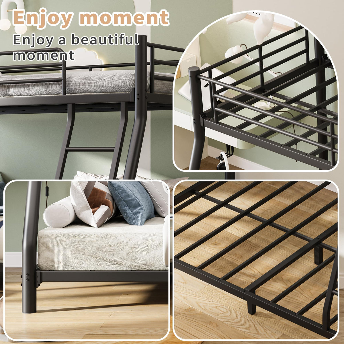 Twin Over Full Metal Bunk Bed with Guardrail and Ladder A95051