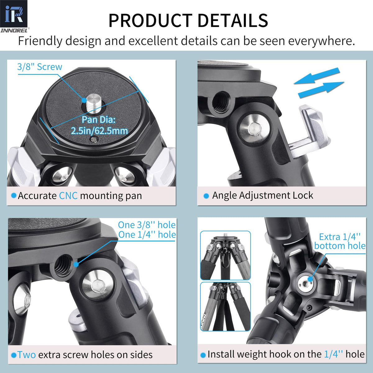 Carbon Fiber Tripod Without Head Portable Compact Travel Tripod 55lbs Max Load X281589