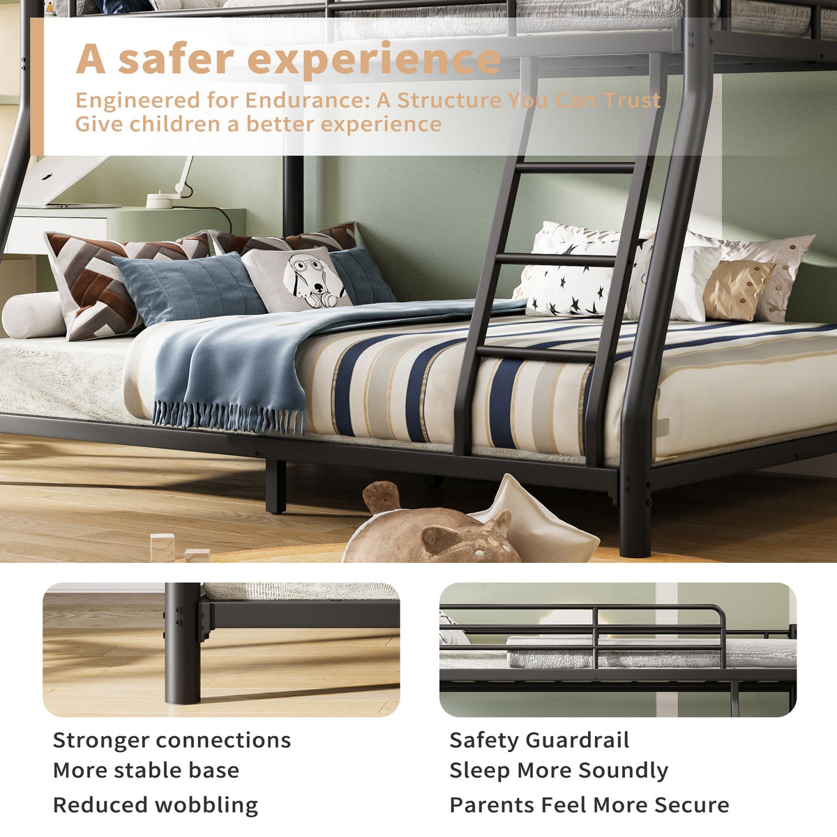 Twin Over Full Metal Bunk Bed with Guardrail and Ladder A95051