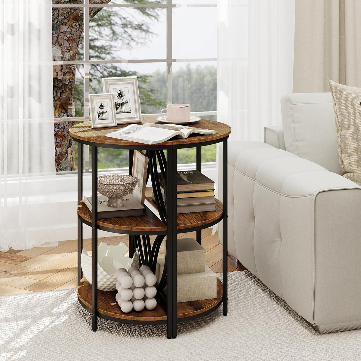 Half Round 3-Tier Sofa Side Table with Storage Shelves I92942
