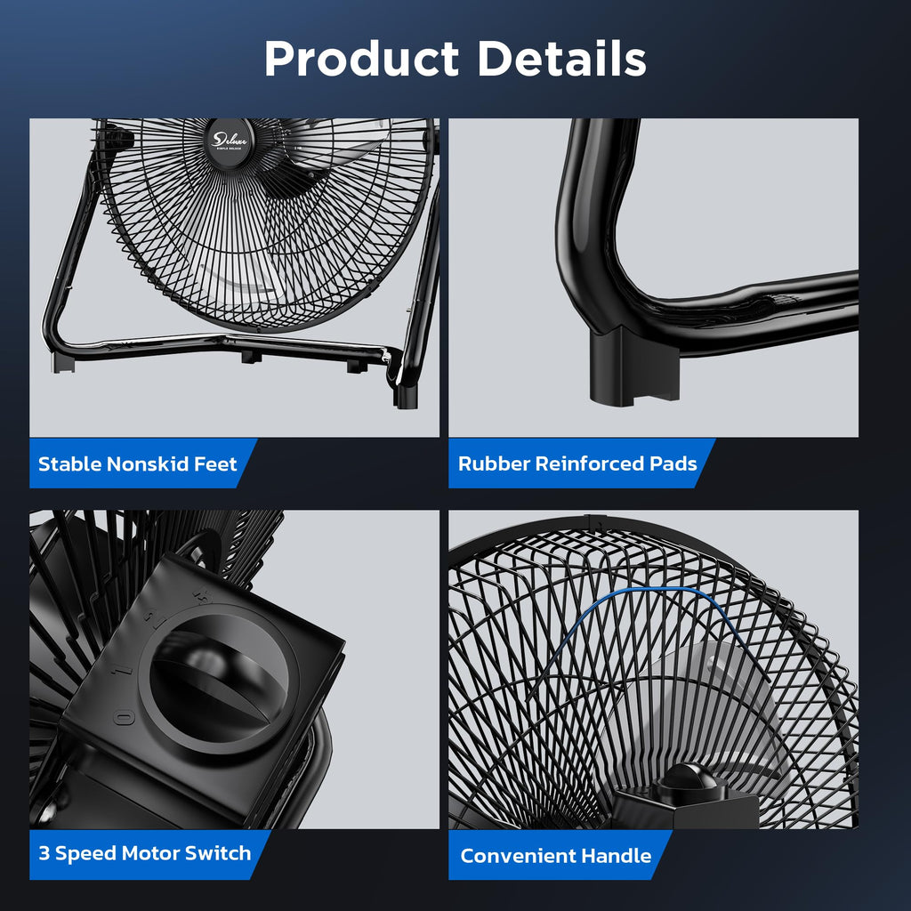 20 Inch 3-Speed High Velocity Metal Industrial Floor Fan, Black J19882