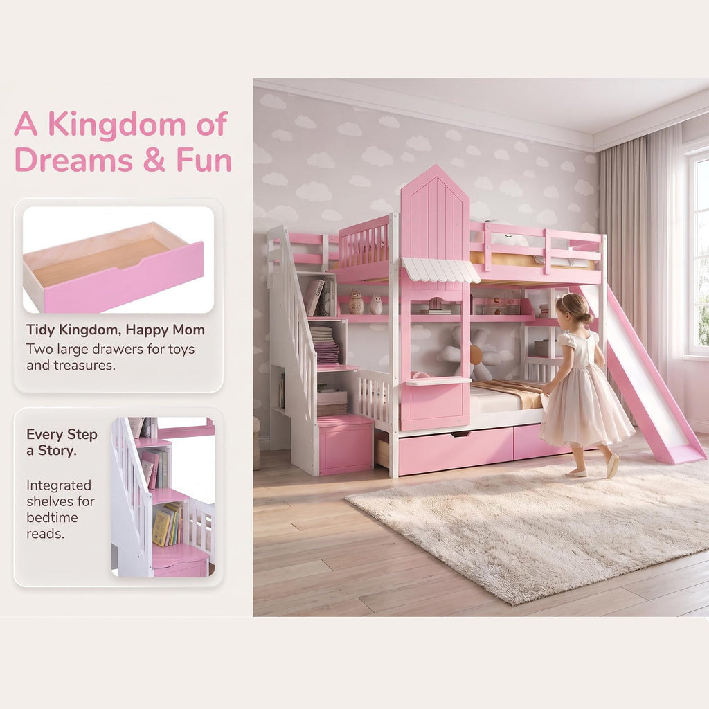 Twin Over Twin Bunk Bed with Slide, 2 Drawers & 3 Shelves N585