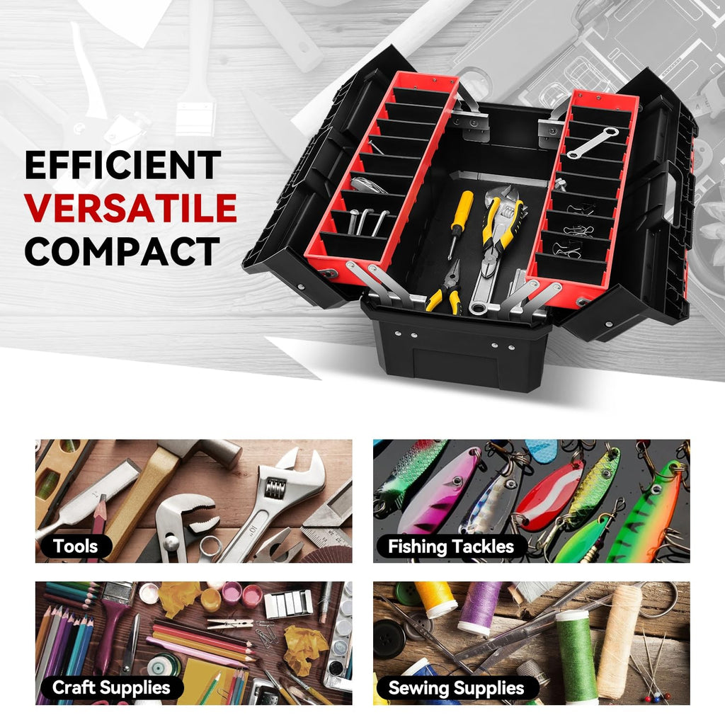Foldable 2-layer Tool Box with Non-Slip Handle Tray Storage, Red U95238