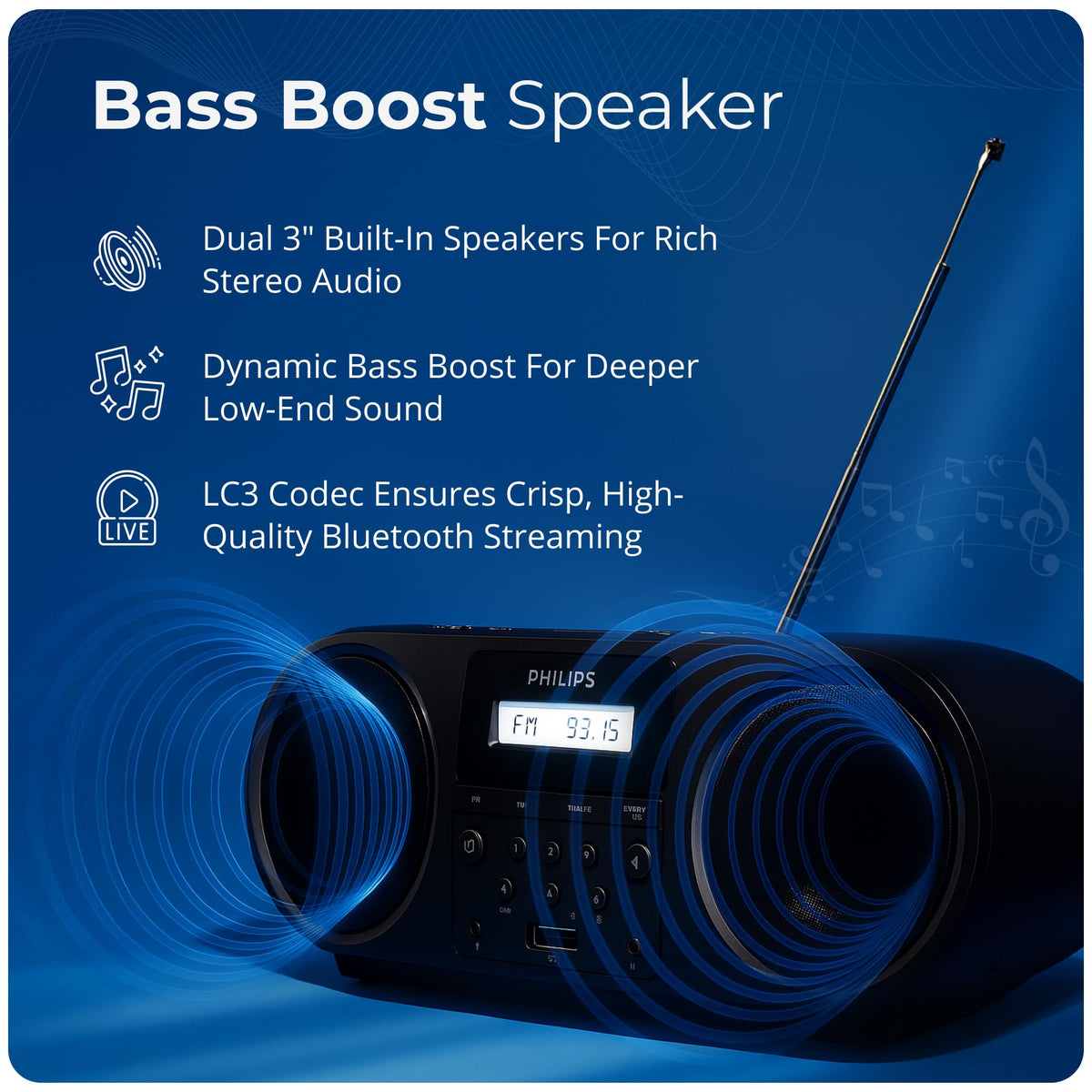 Portable CD Player Boombox with Bluetooth FM Radio USB Aux Input C82156