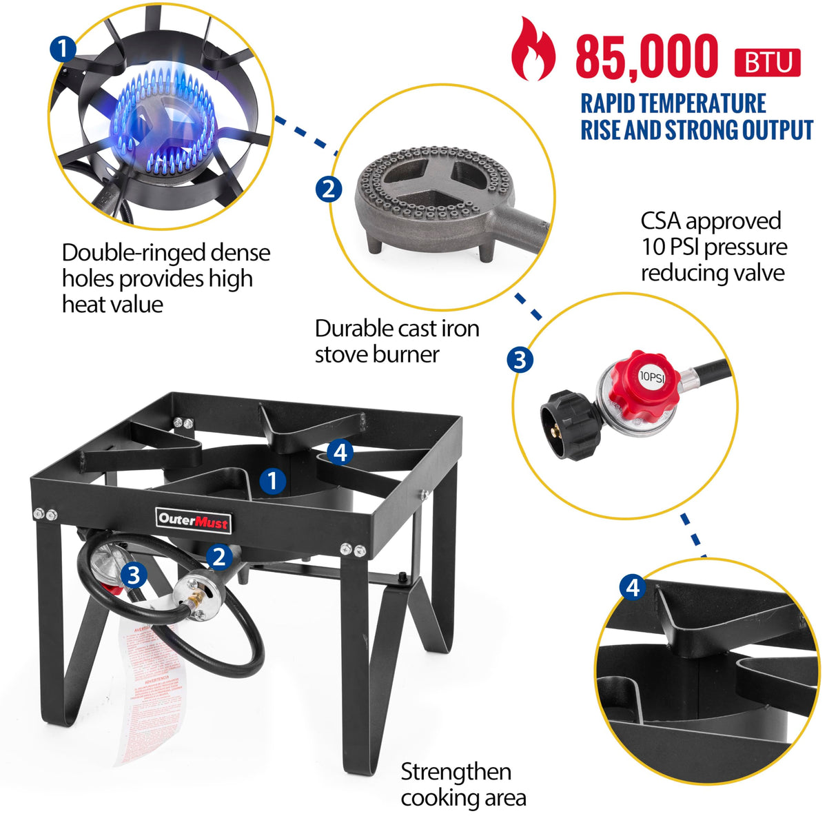 Heavy Duty Propane Burner with 10 PSI Regulator and Cast Iron J759