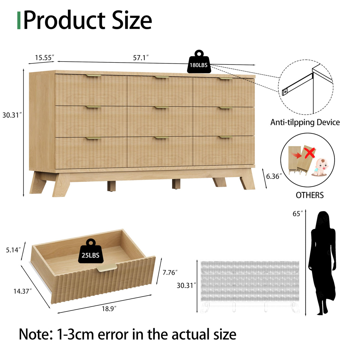 Natural Oak 9 Drawer Fluted Wood Dresser U1100