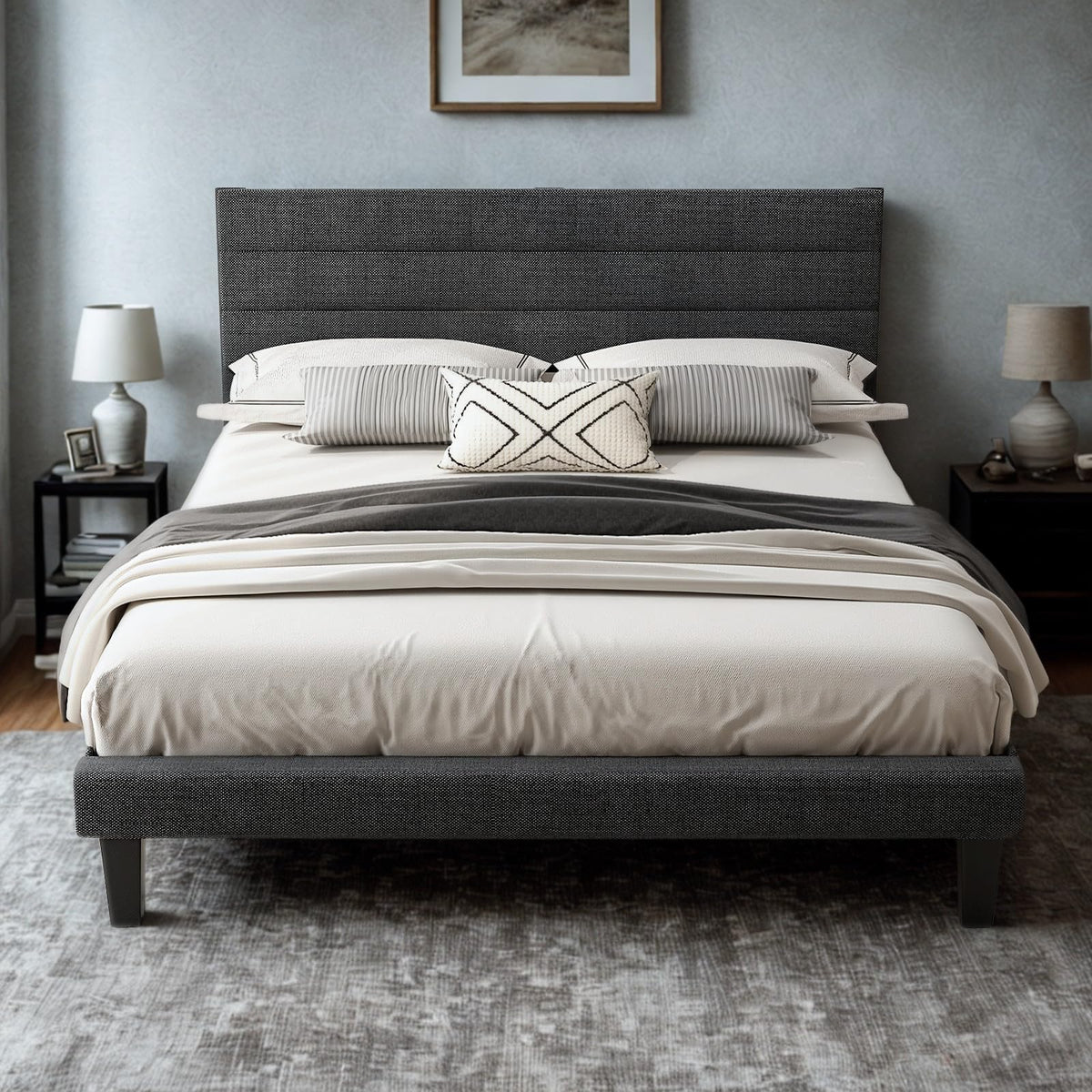 Queen Size Linen Fabric Upholstered Platform Bed Frame F246