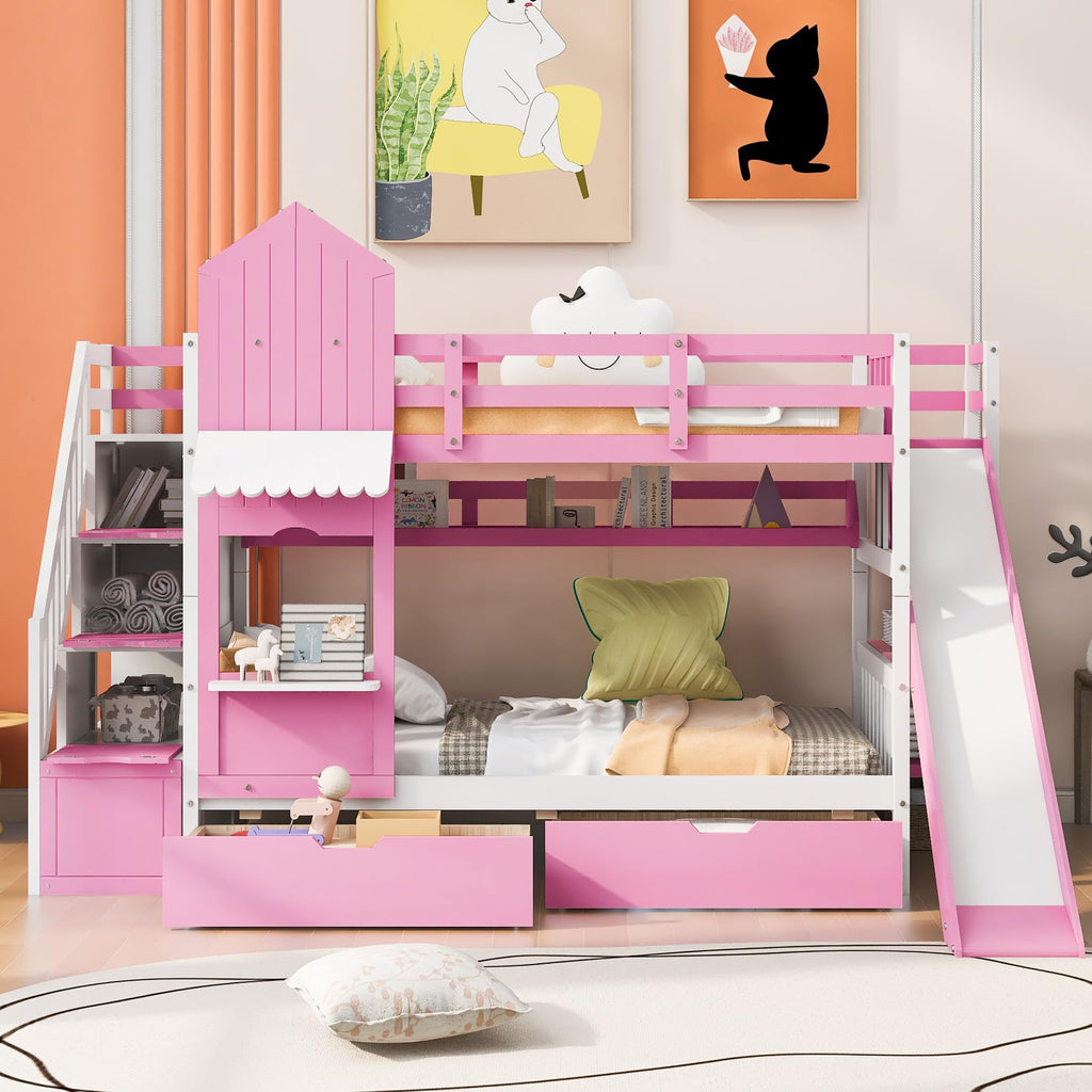 Twin Over Twin Bunk Bed with Slide, 2 Drawers & 3 Shelves N585