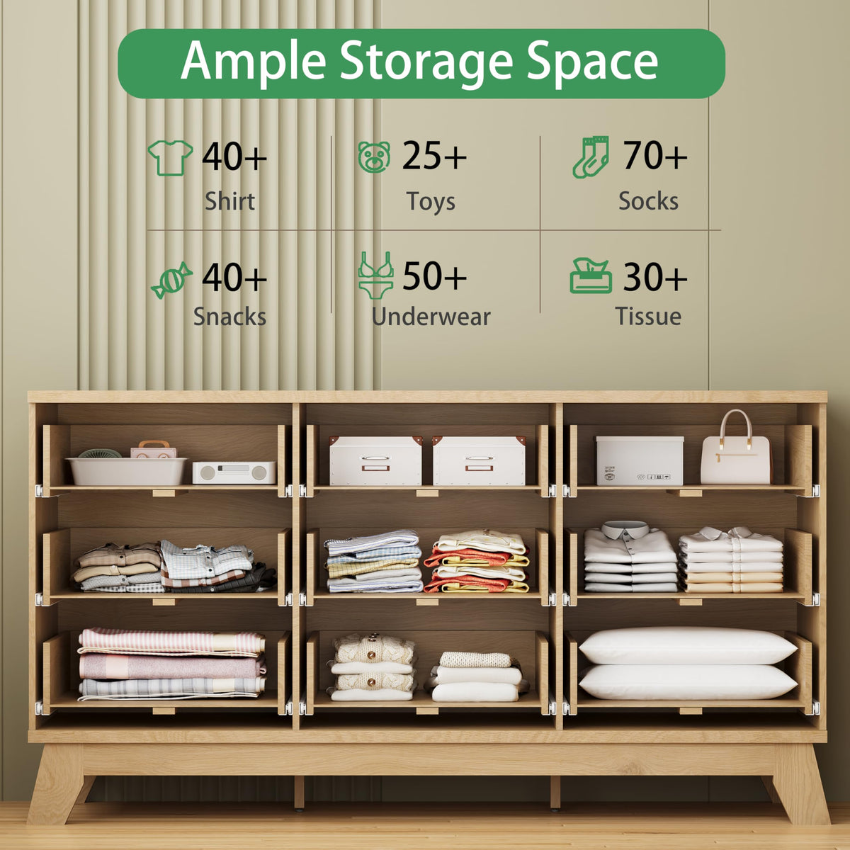 Natural Oak 9 Drawer Fluted Wood Dresser U1100