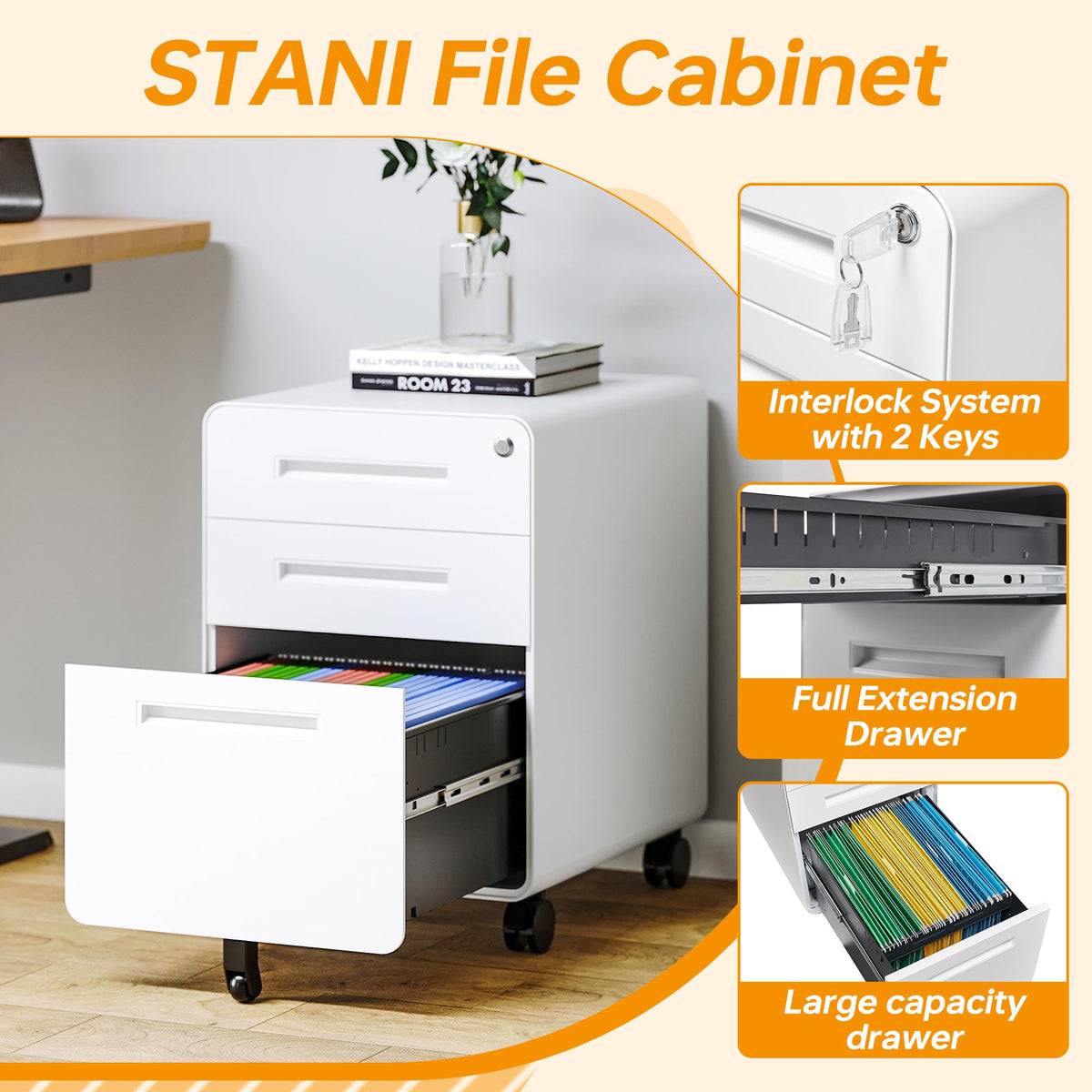 3 Drawer White Metal Filing Cabinet with Lock J7656