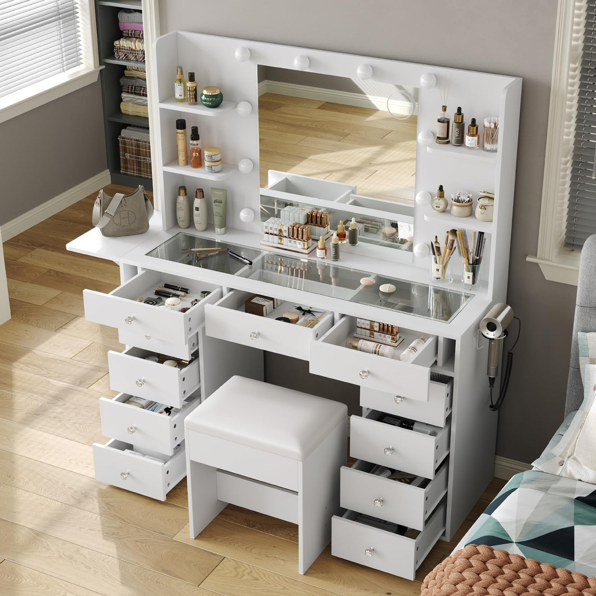 Vanity Desk with Mirror and 12 LED Lights, 11 Drawers & 4 Shelves E23863