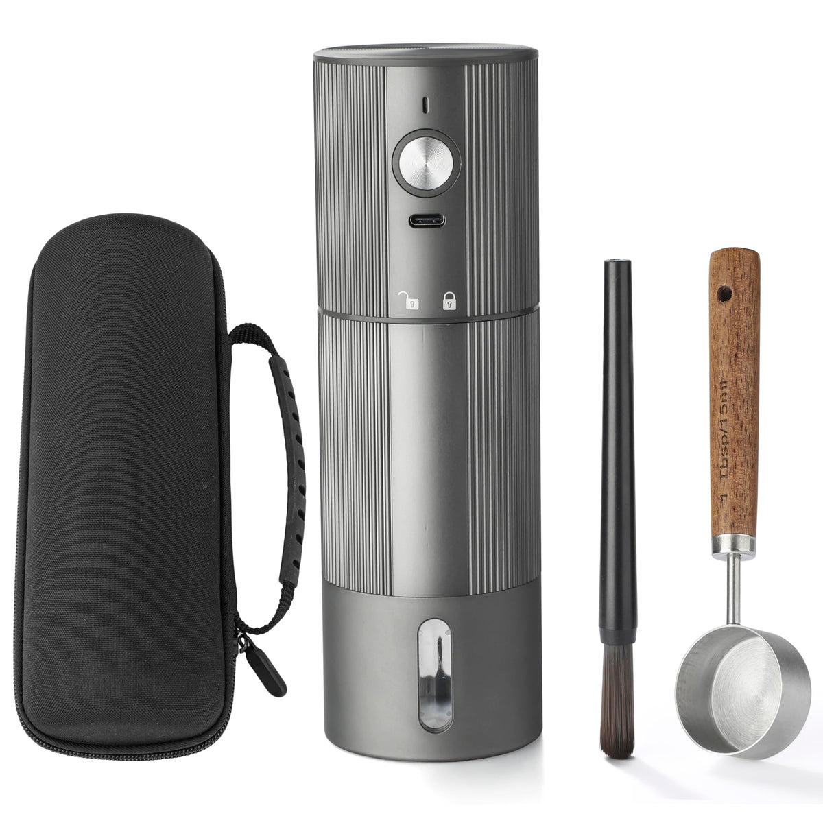 Portable Electric Burr Coffee Grinder, Stainless Steel Burrs, Grey O2342
