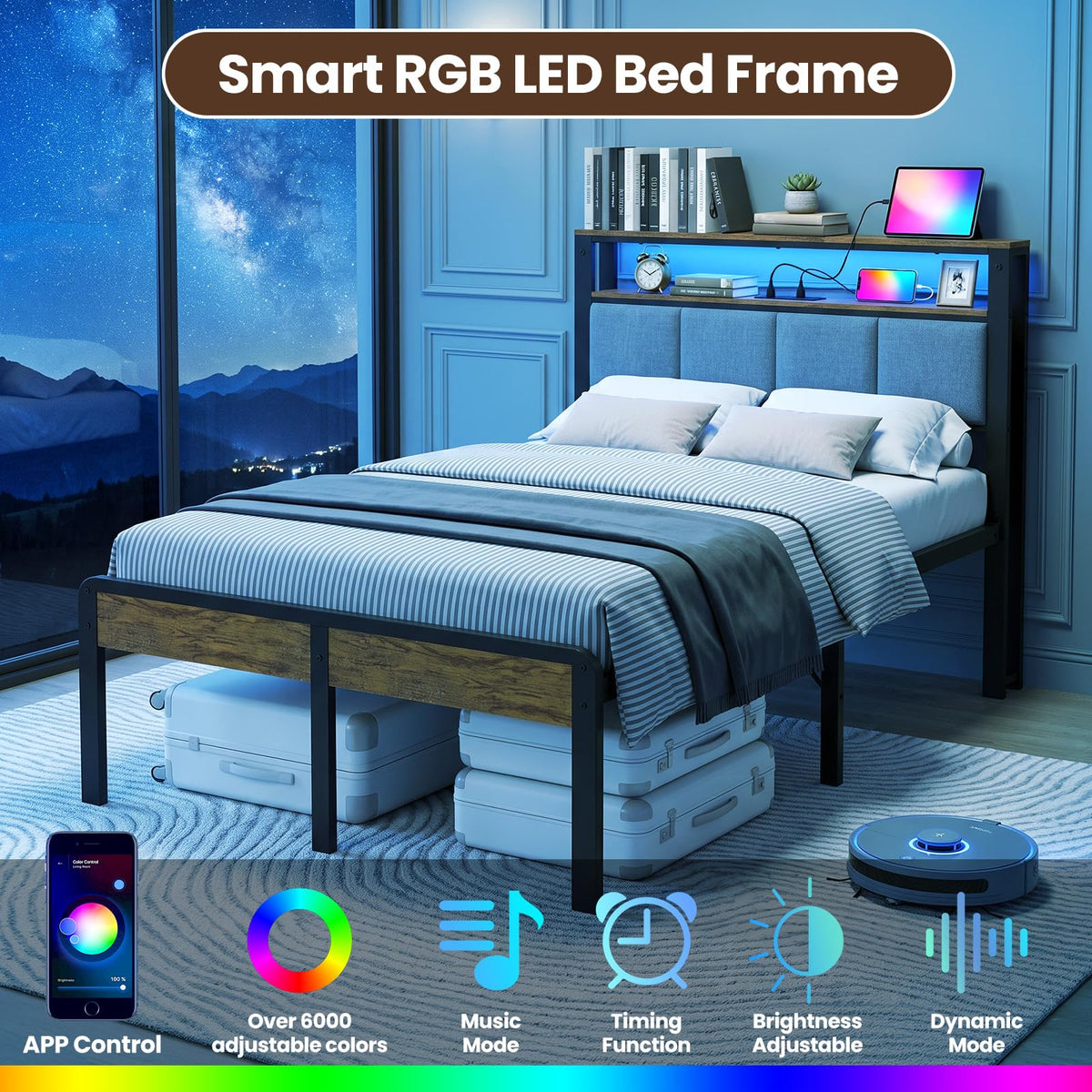 Twin Bed Frame with 18-Inch Under-Bed Storage and RGB LED Lights E6170
