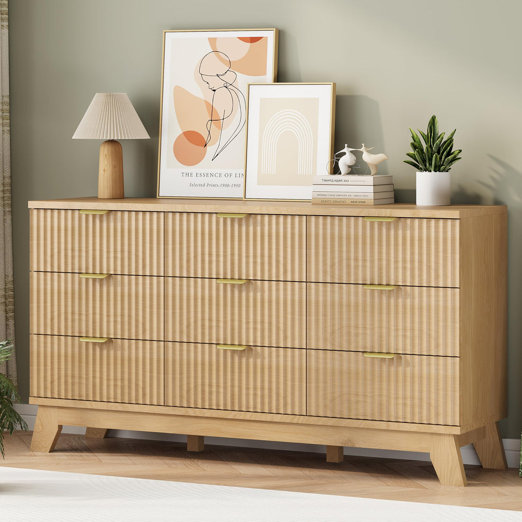 Natural Oak 9 Drawer Fluted Wood Dresser U1100