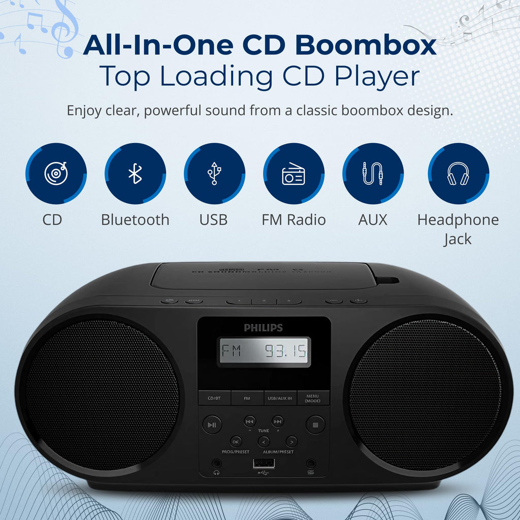 Portable CD Player Boombox with Bluetooth FM Radio USB Aux Input C82156