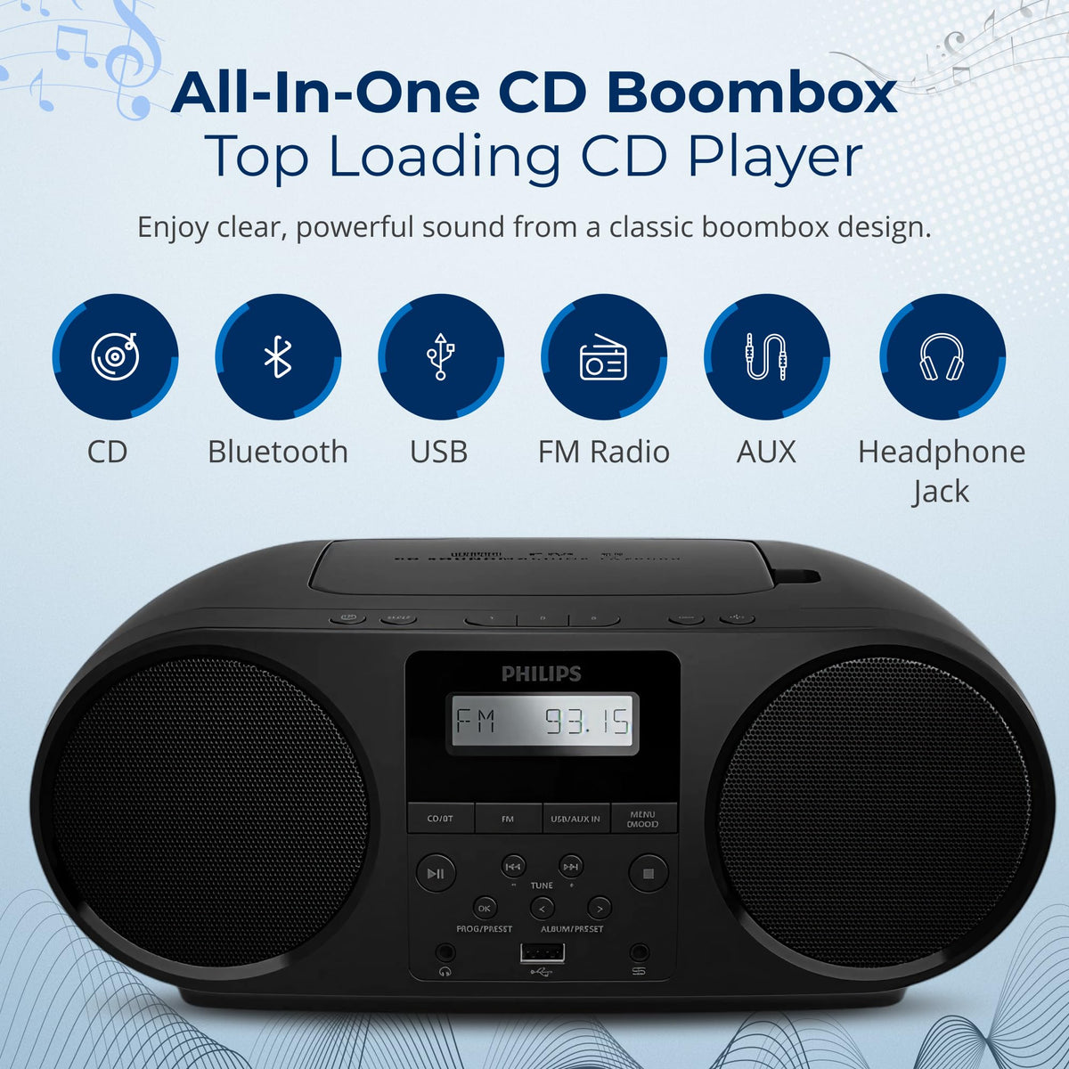 Portable CD Player Boombox with Bluetooth FM Radio USB Aux Input C82156