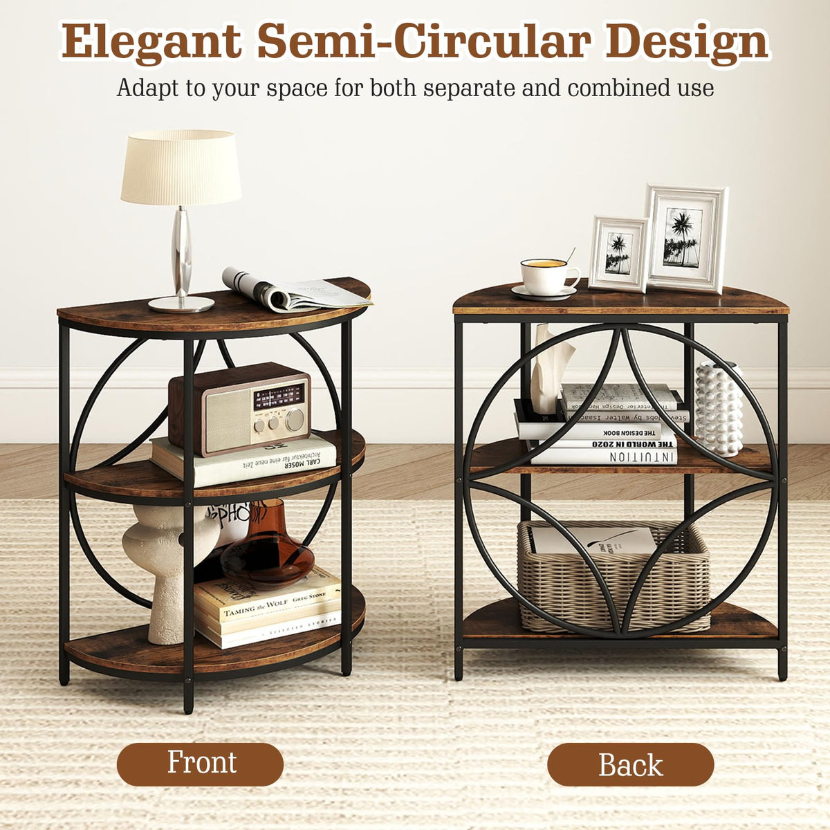 Half Round 3-Tier Sofa Side Table with Storage Shelves I92942