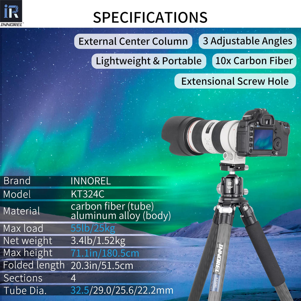 Carbon Fiber Tripod Without Head Portable Compact Travel Tripod 55lbs Max Load X281589