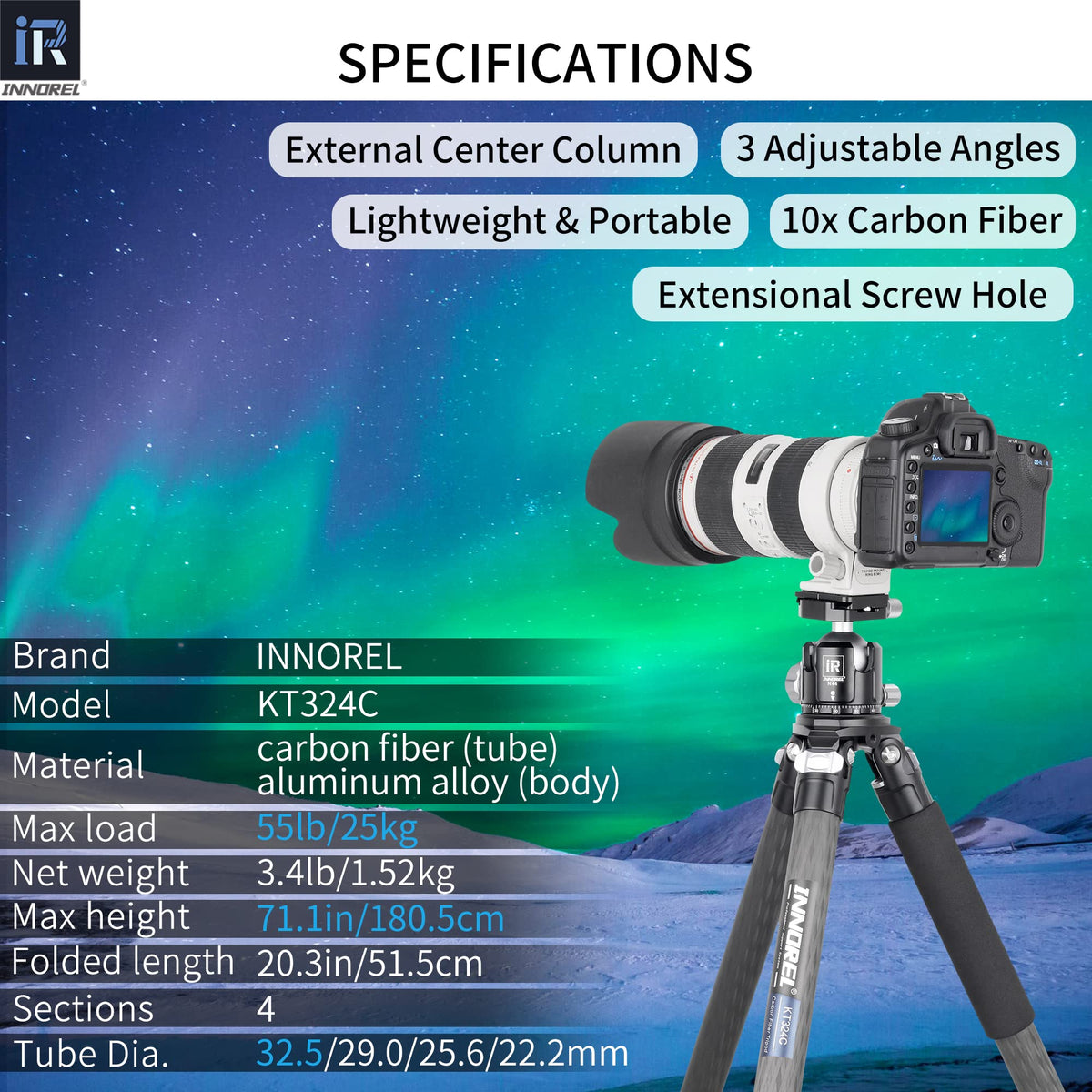 Carbon Fiber Tripod Without Head Portable Compact Travel Tripod 55lbs Max Load X281589