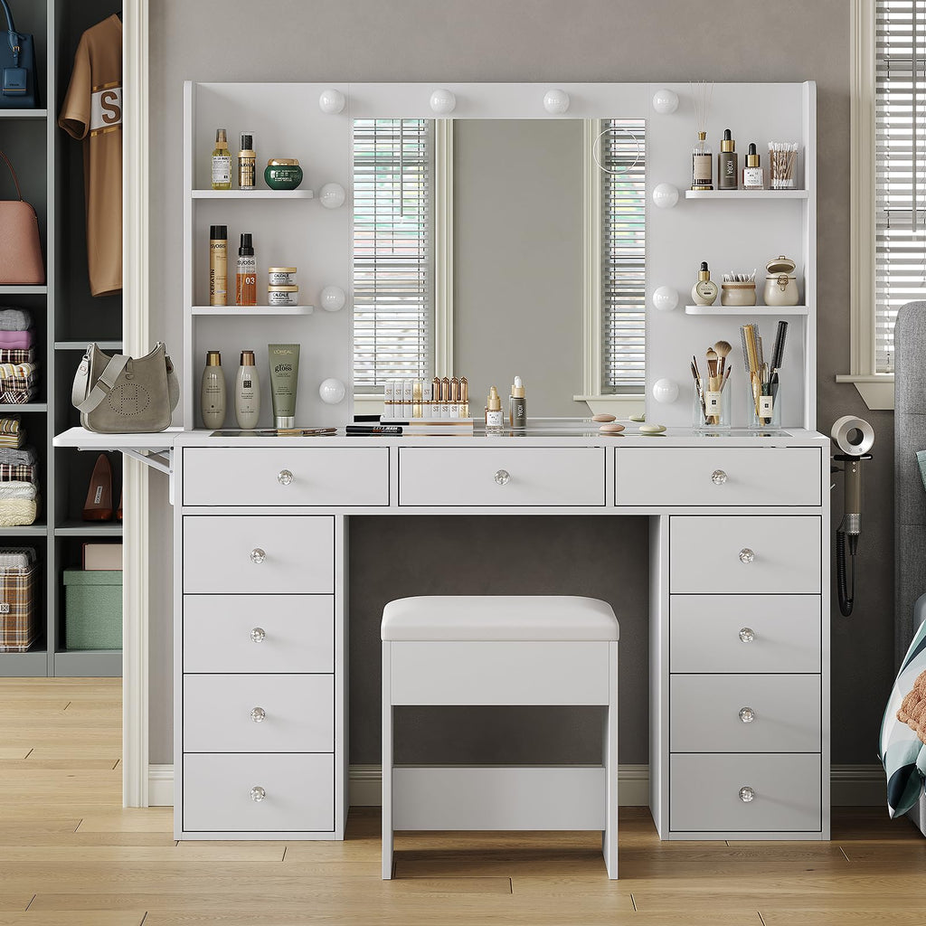 Vanity Desk with Mirror and 12 LED Lights, 11 Drawers & 4 Shelves E23863