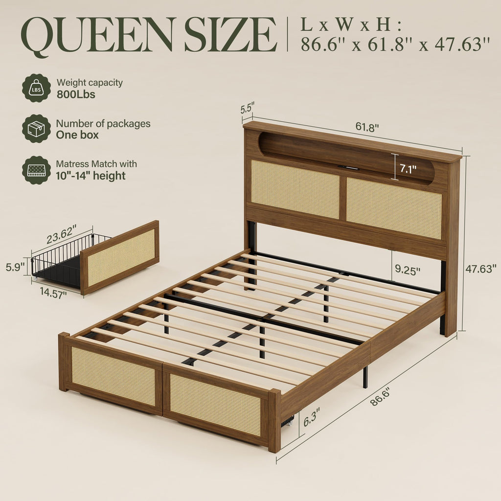 Queen Size Rattan Bed Frame with 2 Storage Drawers H404869