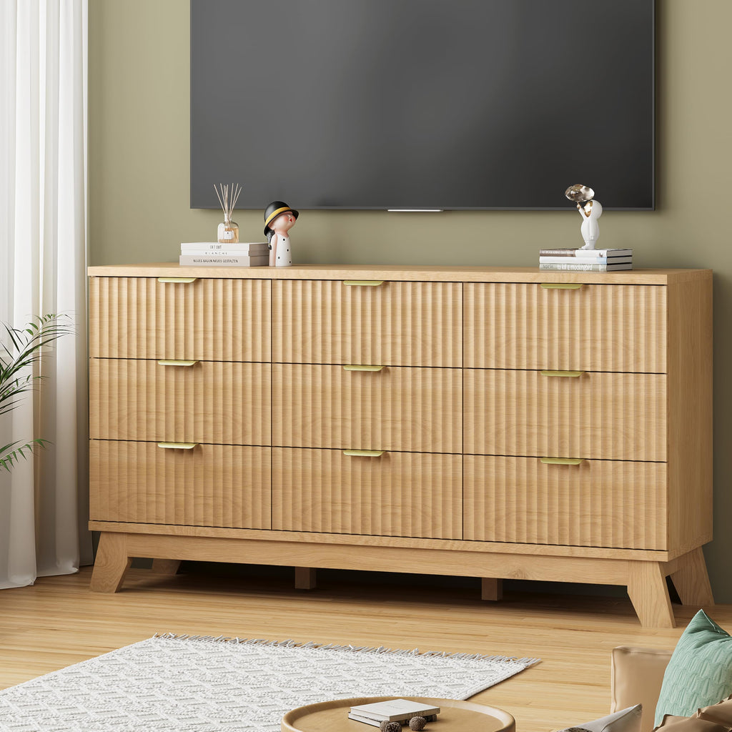 Natural Oak 9 Drawer Fluted Wood Dresser U1100