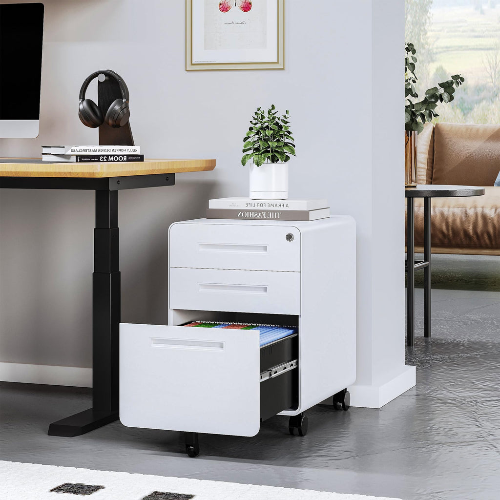3 Drawer White Metal Filing Cabinet with Lock J7656