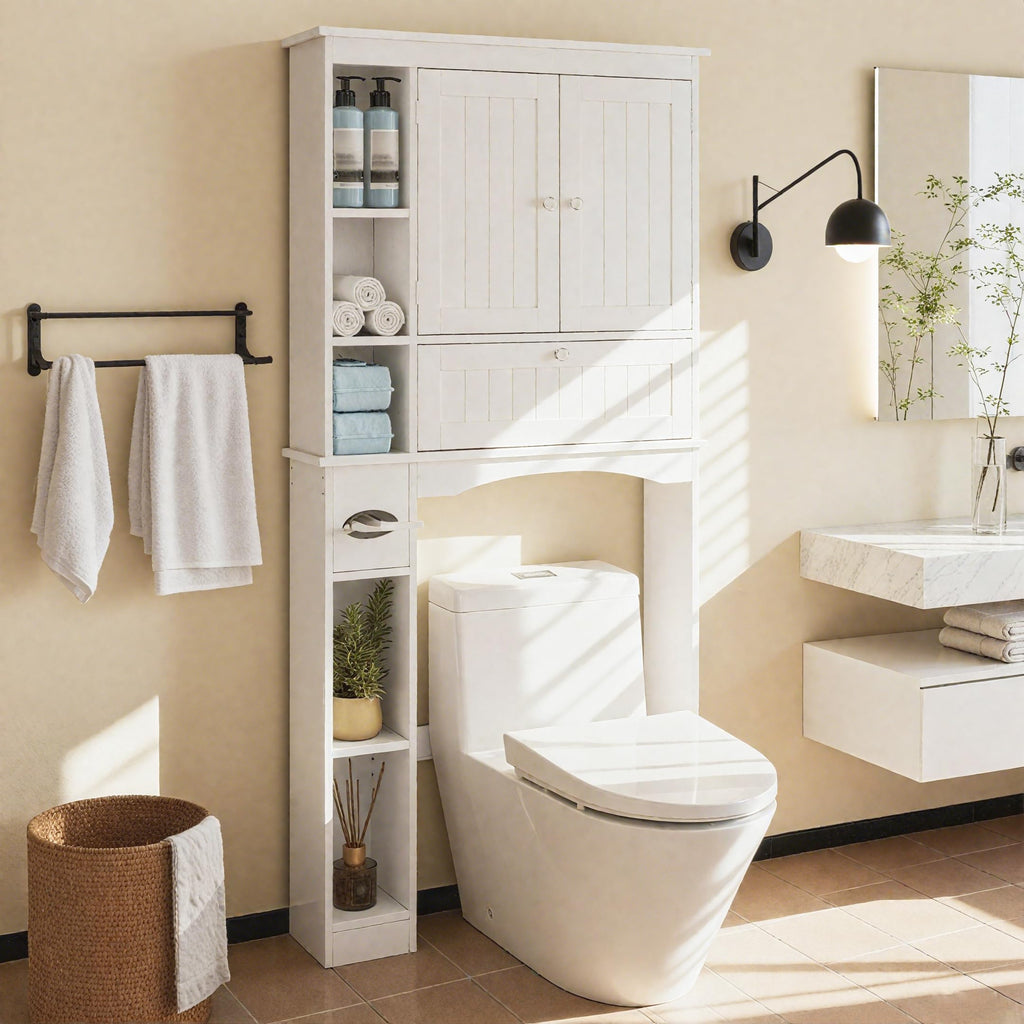 Over The Toilet Storage Cabinet with Doors and Adjustable Shelf, White Q75352