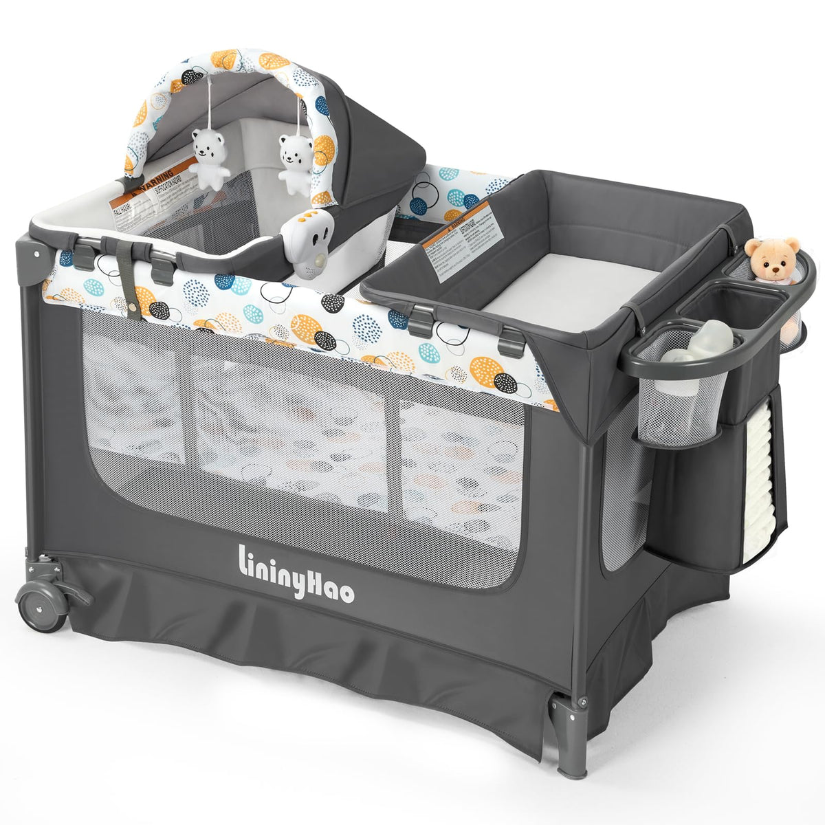5-in-1 Pack and Play with Bassinet, Changing Table and Mat, Gray E603