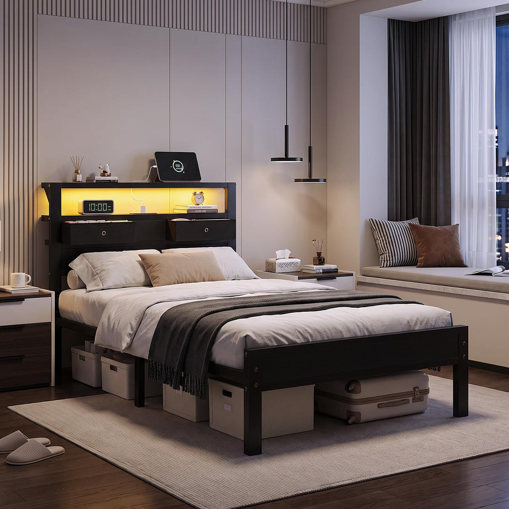 Twin Size Bed Frame with Storage Headboard and 2 Drawers N40602