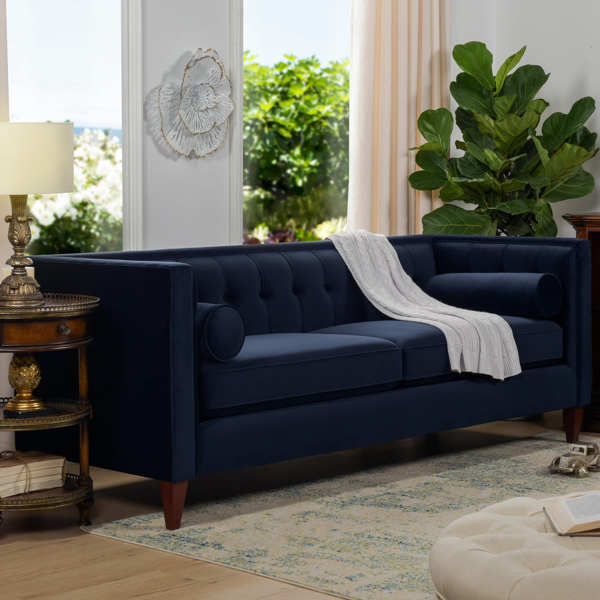 Dark Navy Blue Performance Velvet Tufted Sofa H517044