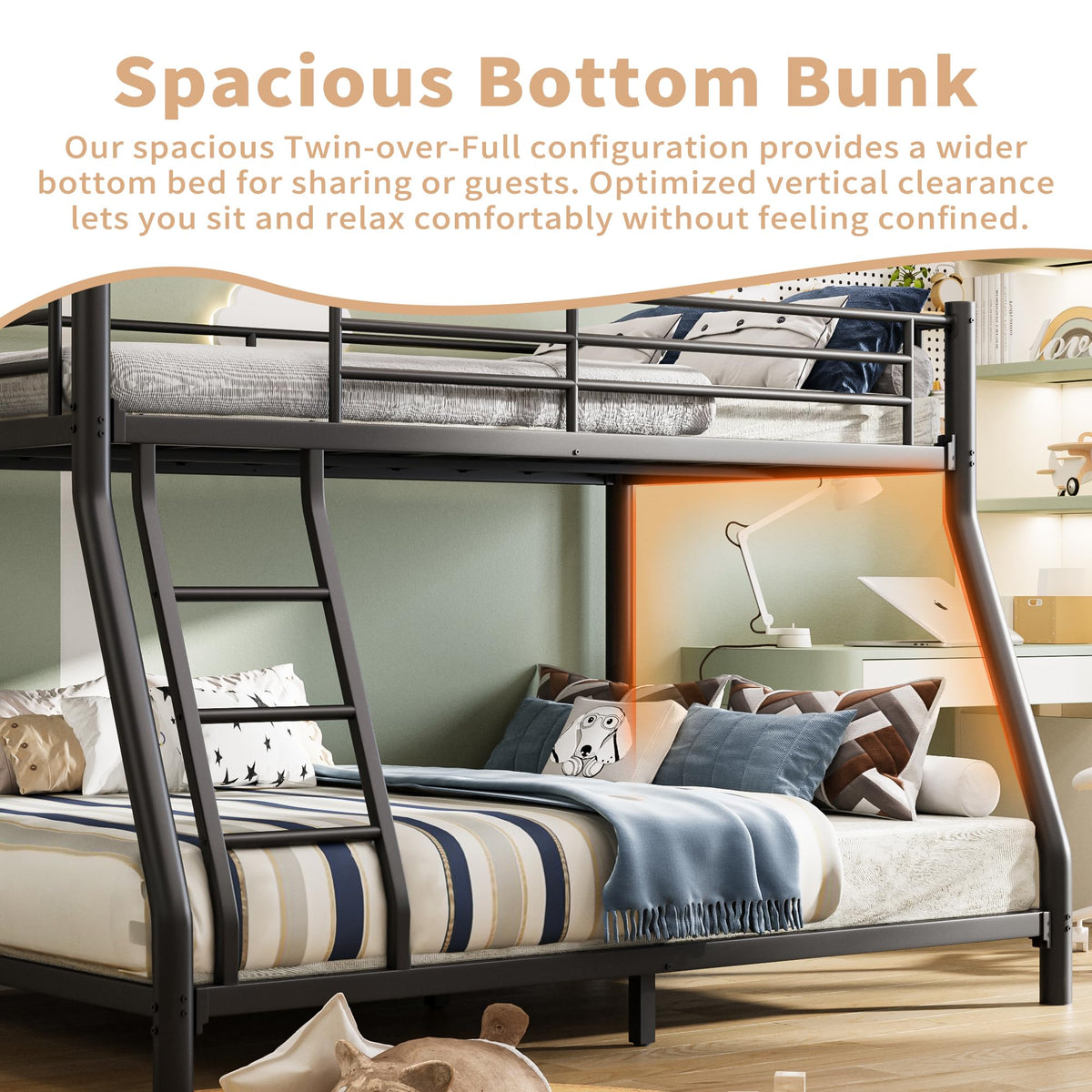 Twin Over Full Metal Bunk Bed with Guardrail and Ladder A95051