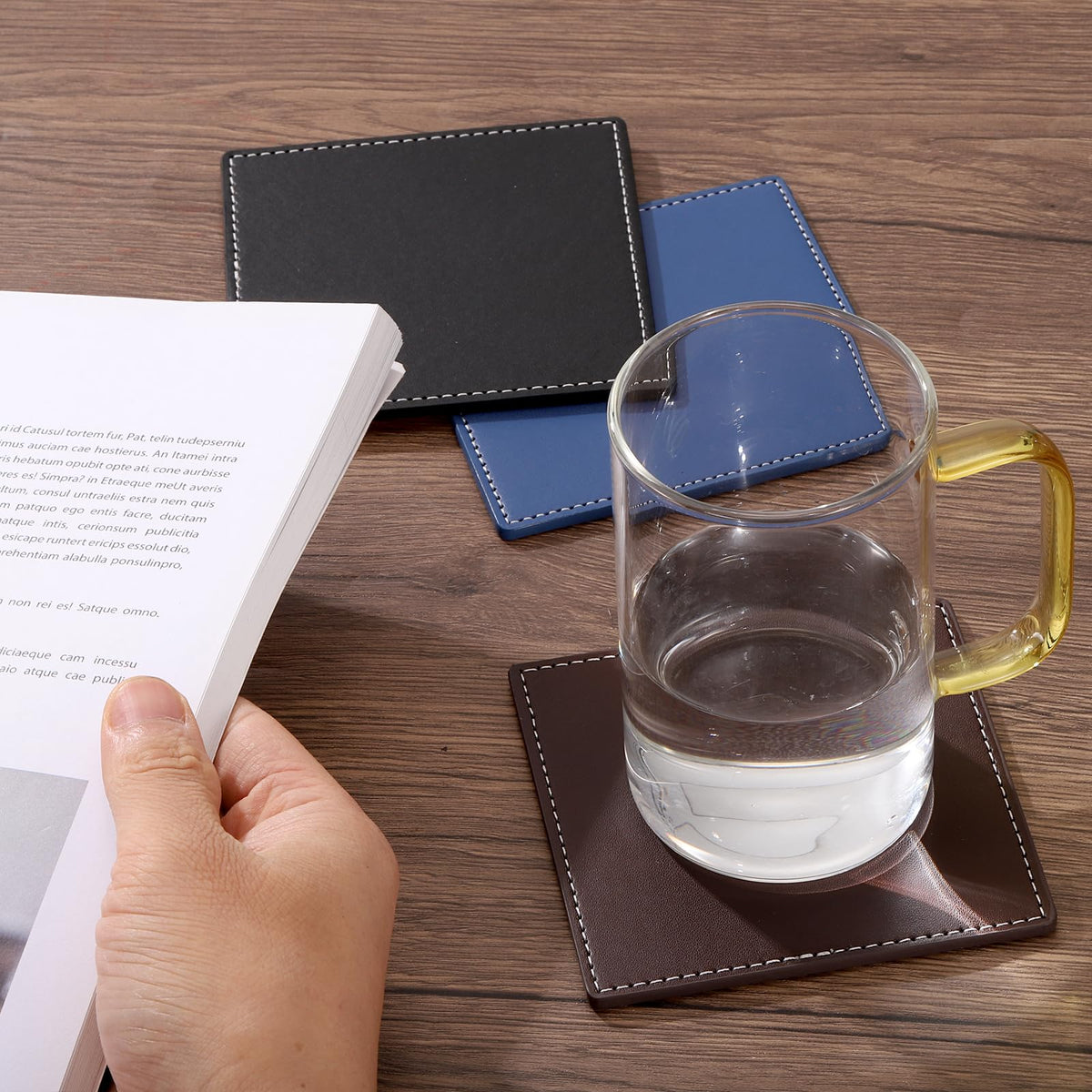 White Stitched Dual Sided Leather Coasters Set of 4 D47437