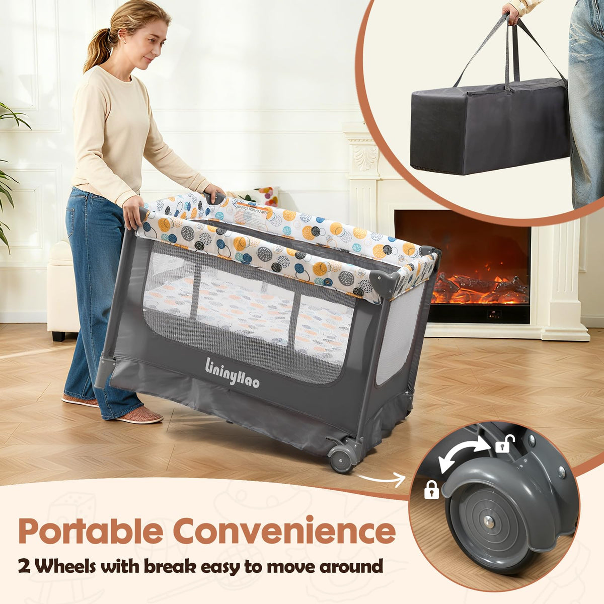 5-in-1 Pack and Play with Bassinet, Changing Table and Mat, Gray E603