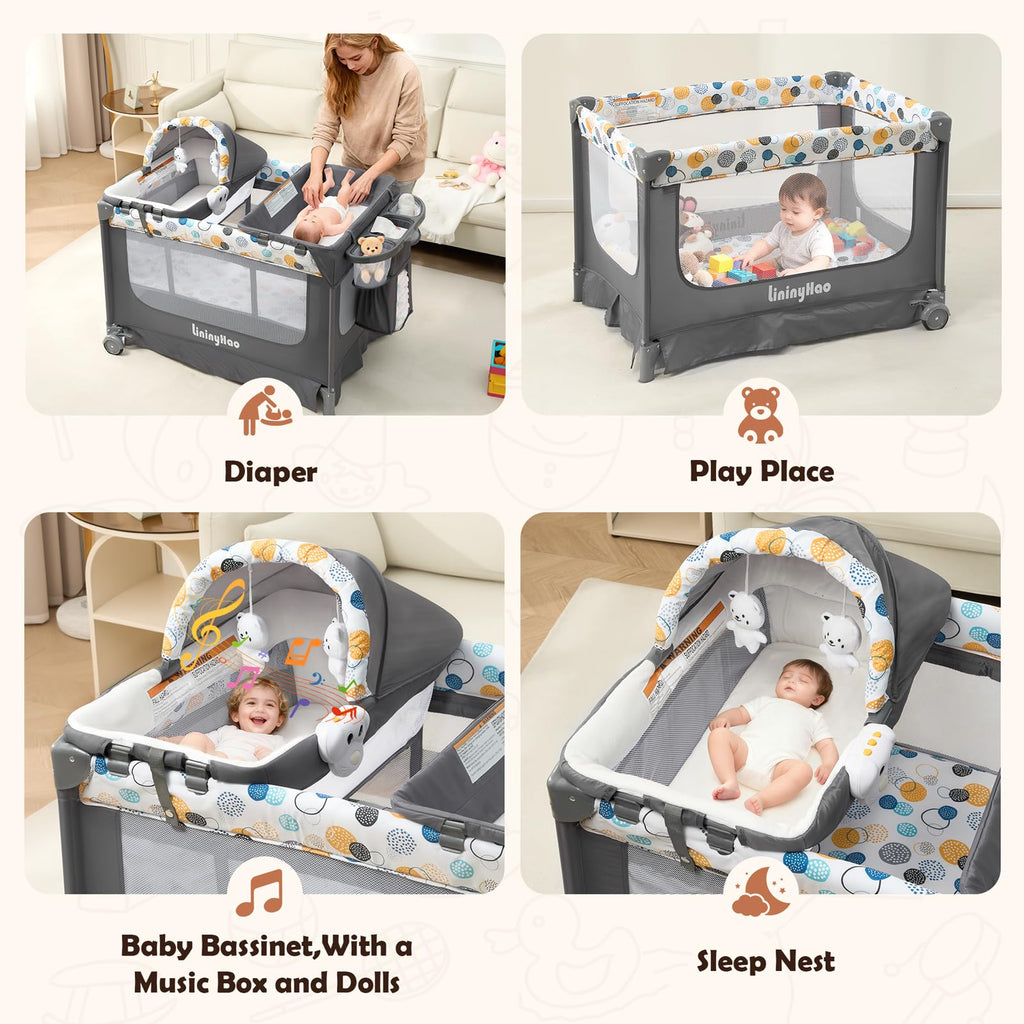 5-in-1 Pack and Play with Bassinet, Changing Table and Mat, Gray E603