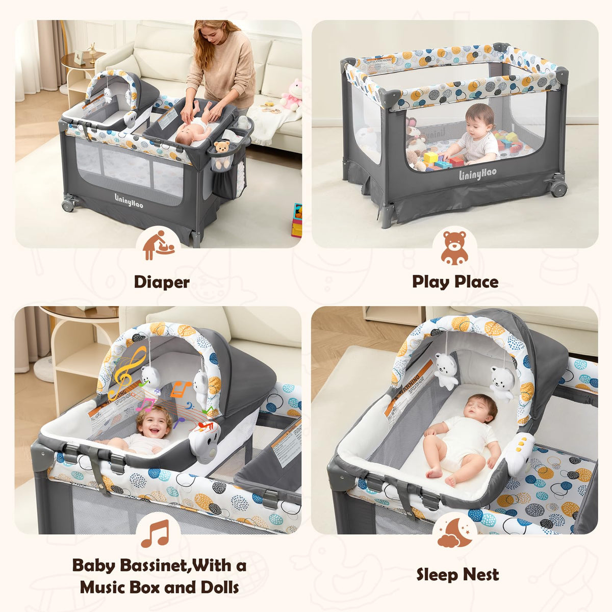 5-in-1 Pack and Play with Bassinet, Changing Table and Mat, Gray E603